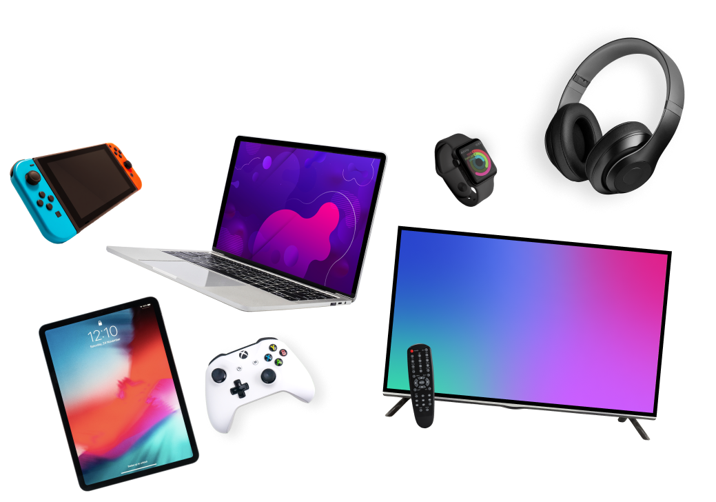 A collage of tech devices including an iPad, headphones, Nintendo Switch, TV, and laptop